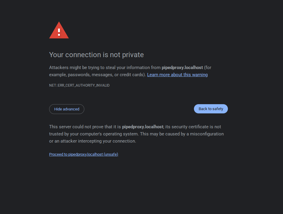 Connection is not private warning when using self-signed certificate
