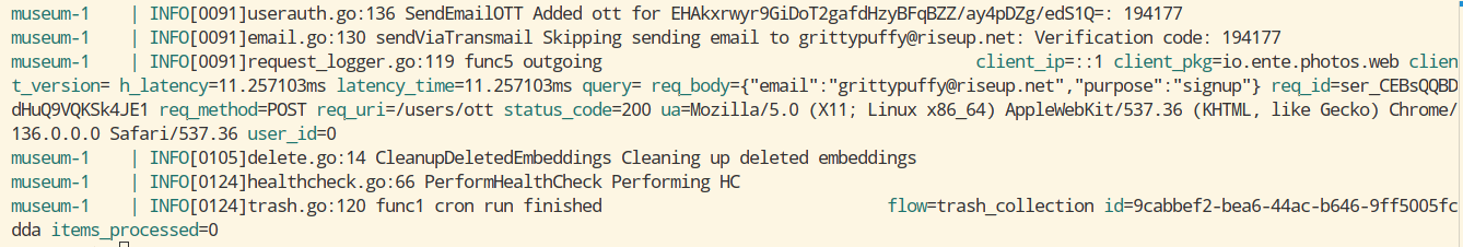 Ente Docker Compose logs with verification code